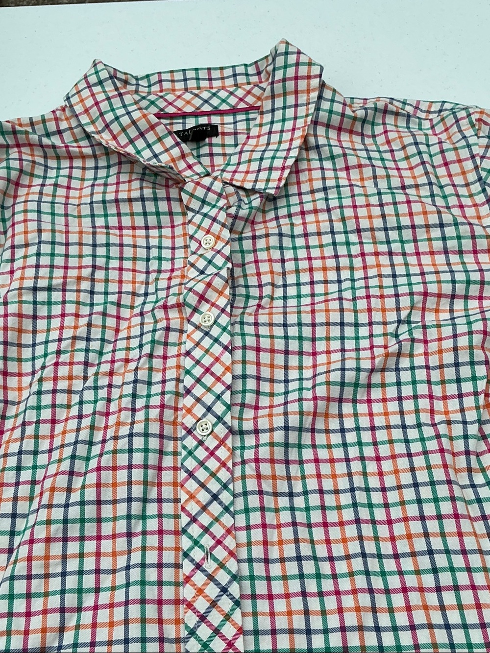 Talbots White Plaid Button-Down Shirt with Green, Red & Orange